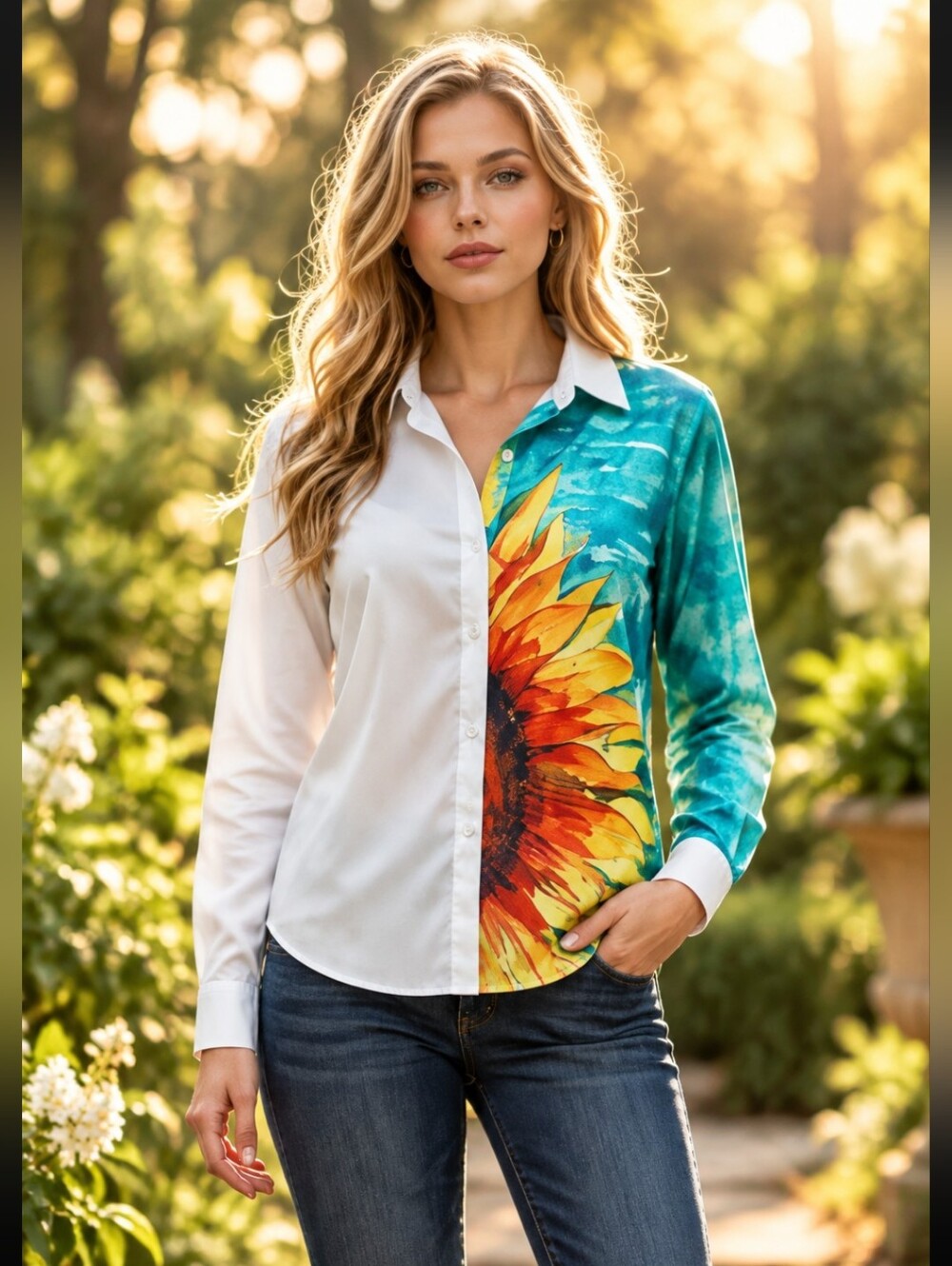 Emery Rose Women's Sunflower Print Spliced Button-Up Shirt Multi-Color S…